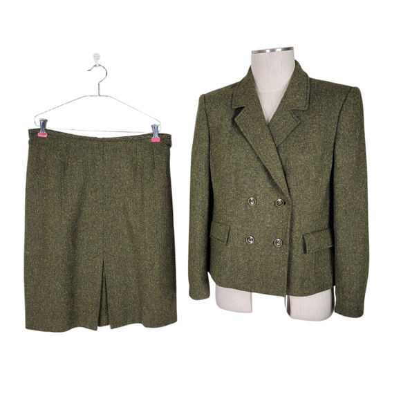 Kasper Skirt Suit Size 12P Olive Double Breasted Herringbone Front Pleat Wool - Picture 1 of 9